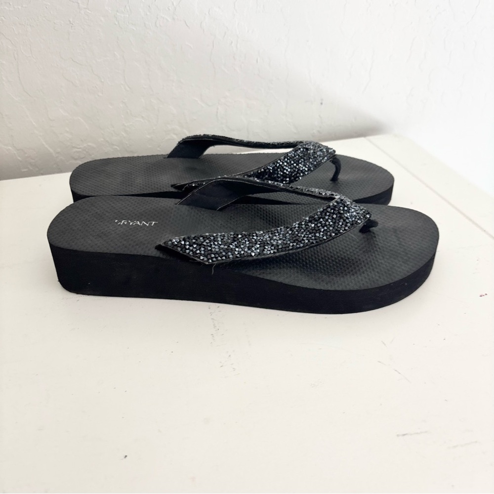 Lane Bryant Black Embellished Strap Wedge Flip Flip Sandals, Size 10